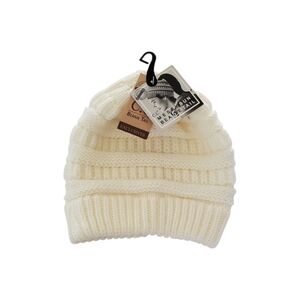C.C Exclusives Beanie Tail Ivory Knit Messy Bun Hat One Size